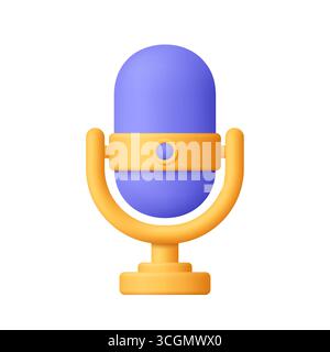 Microfono podcast su supporto, apparecchiature audio .broadcasts, interviste, podcast, concetto di registrazione vocale. 3d icona vettore. Stile minimal cartoon. Illustrazione Vettoriale