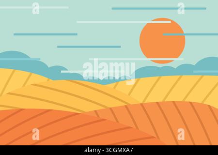 Paesaggio estivo con campi agricoli; può essere utilizzato in pubblicazioni agricole, siti web di agricoltura, materiali di sensibilizzazione ambientale e. Illustrazione Vettoriale