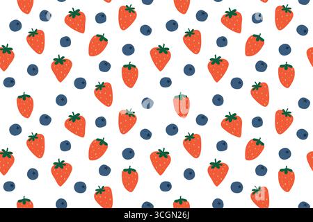 fantasia estiva di frutta senza cuciture con fragole e mirtilli, perfetta per abbigliamento a tema estivo, arredamento per la casa, confezioni, articoli di cancelleria e g Illustrazione Vettoriale