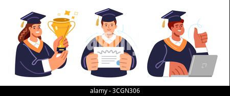 Laureato in insegne accademiche. Studenti in graduatoria. Concetto di scuola, università o università Illustrazione Vettoriale