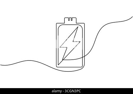Icona della batteria in carica disegno continuo su una linea con fulmine su sfondo bianco Illustrazione Vettoriale
