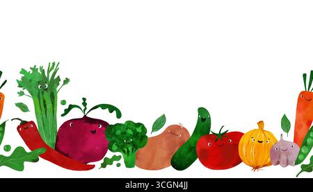 Adorabile acquerello bordo senza cuciture di verdure felici con facce carine: Pepe, carote, cetrioli, barbabietole, sedano, pomodoro, patate, broccoli. Divertimento per i bambini Foto Stock