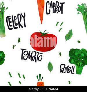 Adorabile sedano, pomodoro, carote senza cuciture con volti felici, perfetto per libri per bambini, strumenti didattici o arredi divertenti in cucina. Foto Stock