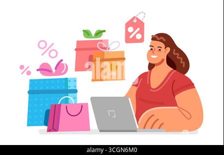 Giovane donna felice che usa un notebook per lo shopping online con sconti. Scopri borse e scatole. Concetto di e-commerce Illustrazione Vettoriale
