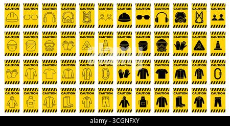 Una vivace raccolta di icone di attenzione su sfondo giallo, che illustrano gli attrezzi di sicurezza essenziali e le avvertenze per la consapevolezza e la comunicazione sul luogo di lavoro Illustrazione Vettoriale