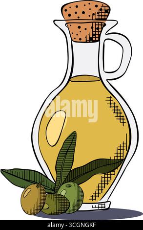Bottiglia di olio d'oliva e ramoscello con olive composizione bottiglia olio d'oliva. Illustrazione colorata con inchiostro a linee grafiche vettoriali. Olio d'oliva, bottiglia, ramo, BE Illustrazione Vettoriale