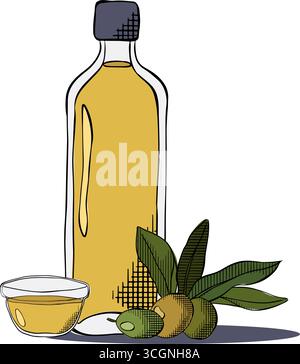 Bottiglia di olio d'oliva, recipiente, bacche e foglie verdi. Disegnare un'illustrazione disegnata a mano con le olive e le foglie immagine grafica vettoriale a colori. Illustrazione Vettoriale