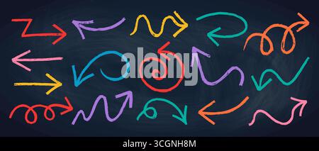 Set di illustrazioni vettoriali con freccia a forma di gesso o carbone rustico sporco grunge. Illustrazione Vettoriale