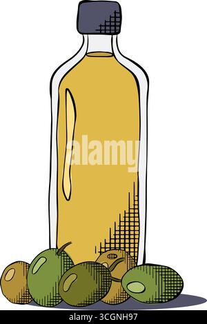 Composizione del flacone di olio d'oliva. Illustrazione colorata con inchiostro a linee grafiche vettoriali. Olio d'oliva, bottiglia, ramoscello, bacche, foglie verdi olio extra vergine d'oliva. t Illustrazione Vettoriale