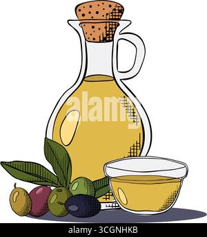 Olio d'oliva vettoriale e olive, illustrazione a disegno a ciotola, grafica a linee d'inchiostro. Elegante illustrazione botanica. Perfetto per qualsiasi design, tessile, ar Illustrazione Vettoriale
