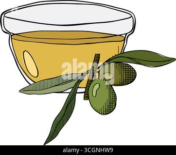 Ciotola di olio naturale decorata con ramoscello d'oliva, composizione ciotola per olio d'oliva. Illustrazione colorata con inchiostro a linee grafiche vettoriali. Olio d'oliva, ciotola, ramo, BE Illustrazione Vettoriale
