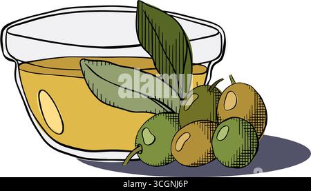 Ciotola dell'olio d'oliva fresco pressato con olive nere e verdi composizione ciotola dell'olio d'oliva. Illustrazione colorata con inchiostro a linee grafiche vettoriali. Olio d'oliva, ciotola, sii Illustrazione Vettoriale