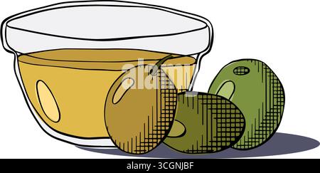 Olio d'oliva vergine in vetro trasparente composizione ciotola per olio d'oliva. Illustrazione colorata con inchiostro a linee grafiche vettoriali. Olio d'oliva, ciotola, bacche per logo Illustrazione Vettoriale
