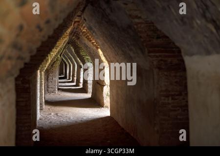 Maha Aung Mye Bon San Monastero interno del XIX secolo archi di mattoni Inwa Myanmar // INWA, Myanmar - archi di mattoni interni sono visibili all'interno del monastero di Maha Aung Mye Bon San (noto anche come Maha Aung Mye Bonzan o me Nu Oak-Kyaung), un monastero di mattoni del XIX secolo del periodo Konbaung. Fu costruito nel 1822 dalla regina Nanmadaw me Nu per l'abate reale Nyaunggan Sayadaw U po. Danneggiato da un terremoto del 1838, il monastero fu restaurato nel 1873 dalla regina Sinphyumashin, figlia di me Nu. Il suo design simula strutture in legno, con tetti multipli e una sovrastruttura a sette livelli della sala delle preghiere. Situato Foto Stock