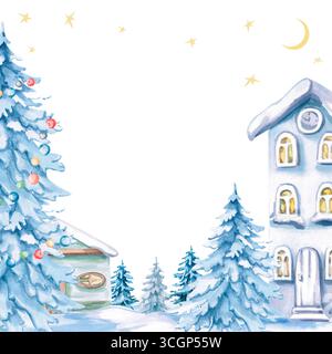 Telaio quadrato con case invernali. Illustrazione isolata ad acquerello sul tema natalizio per la decorazione di festival di Capodanno, concerti, inviti, post Foto Stock
