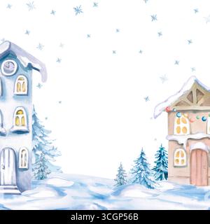 Telaio quadrato con case invernali e neve in caduta. Illustrazione isolata ad acquerello sul tema natalizio per la decorazione di feste di Capodanno, concerti, Foto Stock
