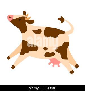 Giocosa mucca da latte macchiata che salta con coda curva e mammelle visibili, semplice stile piatto, isolata sul bianco. Ideale per aziende agricole, latte e progetti per bambini Illustrazione Vettoriale