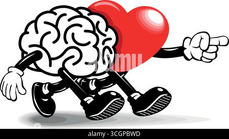 Cervello e cuore vanno insieme nella direzione in cui il cuore punta. Vettore cartoon su sfondo trasparente Illustrazione Vettoriale