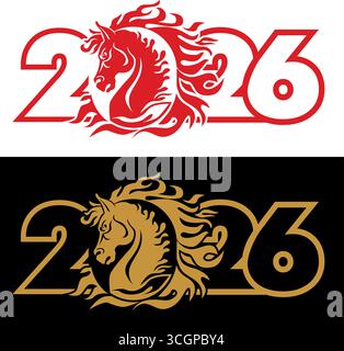 Felice anno nuovo 2026. Anno del cavallo del fuoco rosso, che disegna le linee rosse e d'oro e numeri 2026 per poster, brochure, striscione, biglietto d'invito. VEC Illustrazione Vettoriale