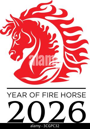 Felice anno nuovo 2026. Anno del cavallo del fuoco rosso, disegnando la sagoma della testa del cavallo e numeri 2026 per poster, brochure, striscione, biglietto d'invito. Vettore attivato Illustrazione Vettoriale