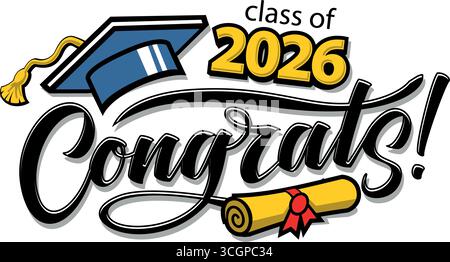 Complimenti per i laureati modello modificabile per messaggio di saluto e biglietto d'invito. Classe 2026 modello di design alla moda con cappello di laurea, diploma scroll e Illustrazione Vettoriale