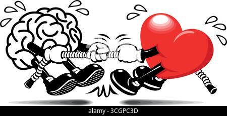 Il cervello e il cuore tirano la guerra. La lotta tra mente e sentimenti. Vettore cartoon su sfondo trasparente Illustrazione Vettoriale