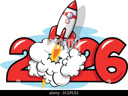 2026 anni di lancio di razzi. Rapida crescita di opportunità, affari, carriera, ricchezza. Modello vettoriale in stile fumetto su sfondo trasparente. Illustrazione Vettoriale