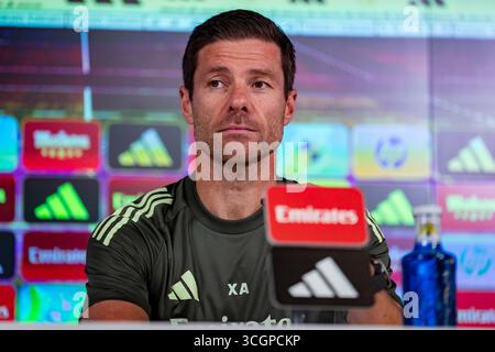Valdebebas, Spagna. 29 agosto 2025. Xabi Alonso, capo allenatore del Real Madrid, ha parlato durante la conferenza stampa in vista della partita di calcio LaLiga EA Sports contro l'RCD Mallorca al Ciudad Real Madrid. Credito: SOPA Images Limited/Alamy Live News Foto Stock