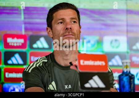 Valdebebas, Spagna. 29 agosto 2025. Xabi Alonso, capo allenatore del Real Madrid, ha parlato durante la conferenza stampa in vista della partita di calcio LaLiga EA Sports contro l'RCD Mallorca al Ciudad Real Madrid. Credito: SOPA Images Limited/Alamy Live News Foto Stock