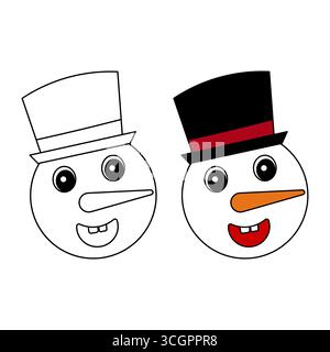 Snowman Faces with Top Hats Vector Illustration. Due facce giocose di pupazzo di neve, ognuna con un cappello alto e sorridente allegramente. Illustrazione Vettoriale