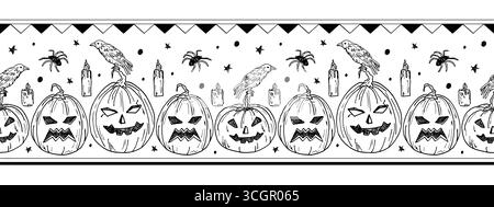 Bordo senza cuciture con zucche, corvi, ragni e candele. Festeggiamenti di Halloween, schema orizzontale. Spaventosi disegni disegnati a mano, tradizionale festa annuale. Sfondo gotico, rituale mistico. Illustrazione Vettoriale