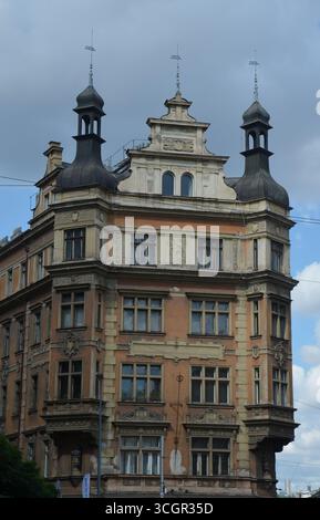 Case e strade storiche a Praga, Repubblica Ceca Foto Stock