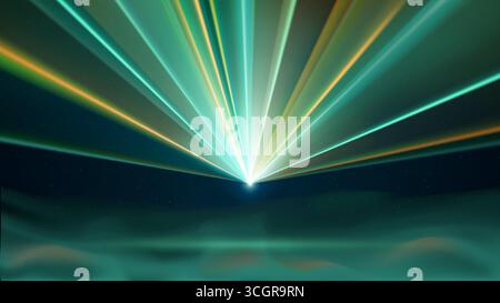 Spettacolo di luci laser. Raggi laser a LED luminosi, dj light party. Palcoscenico illuminato in ciano, luci stroboscopiche a LED in oro giallo, fumo. Sfondo, sfondo Illustrazione Vettoriale