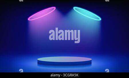 Futuristico palco blu, podio. Camera blu con piedistallo rotondo illuminato da un cerchio di colore magenta blu neon, alone LED. Sfondo per la visualizzazione pro Illustrazione Vettoriale