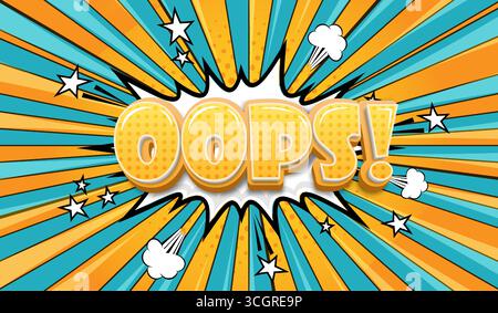 Un modello per fumetti a cartoni animati con il testo "oops" in una bolla esplosiva su sfondo ciano-arancione. Illustrazione Vettoriale