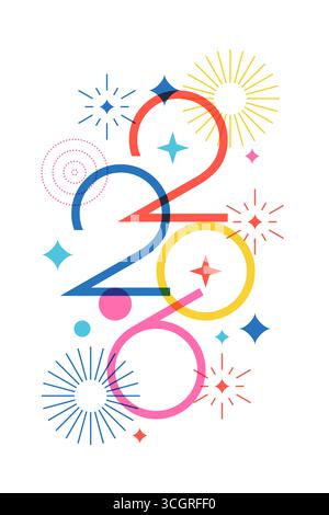 Banner vettoriale verticale Capodanno 2026 con numeri multicolore e fuochi d'artificio. Elementi di design per festività, biglietti d'auguri, inviti a feste o Illustrazione Vettoriale