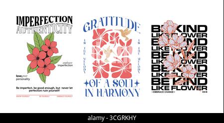 Set di T-shirt streetwear con fiori - estetica retrò e trendy Illustrazione Vettoriale