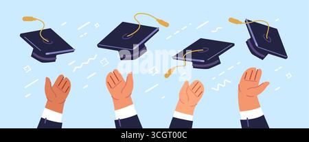 Graduati che lanciano tappi graduati. Istruzione, concetto scolastico. Celebrazione del diploma, dei risultati accademici e del successo Illustrazione Vettoriale