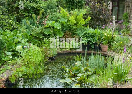 Un giardino sereno pieno di una varietà di piante che circonda un tranquillo laghetto, che mostra la bellezza colorata e fiorente della primavera. Foto Stock