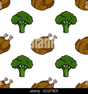 Fantasia vettoriale senza cuciture con pollo arrosto e broccoli, un'illustrazione giocosa perfetta per il Ringraziamento o temi di alimentazione sana. Illustrazione Vettoriale