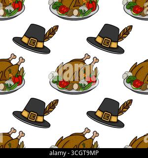 Motivo vettoriale senza cuciture con tacchino arrosto con verdure del giorno del Ringraziamento e cappelli da pellegrino su sfondo bianco, ideale per le feste e l'au Illustrazione Vettoriale