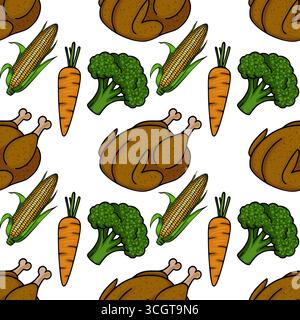 Motivo vettoriale senza cuciture con tacchino arrosto, pannocchie, carote e broccoli, ideale per i disegni del Ringraziamento o dell'autunno. Illustrazione Vettoriale