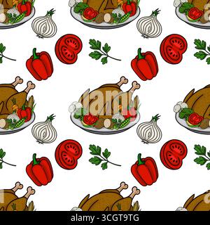 Motivo vettoriale senza cuciture caratterizzato da un tacchino arrosto circondato da verdure del Ringraziamento come peperoni, cipolle, pomodori e broccoli, creando un Illustrazione Vettoriale
