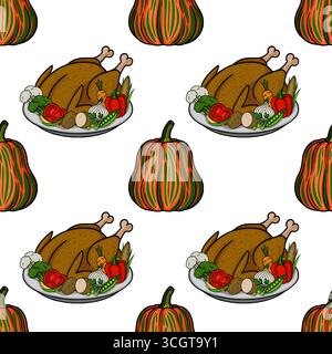 Motivo vettoriale senza cuciture con tacchino arrosto con verdure assortite su un piatto e zucche a righe, ideale per i disegni a tema del Ringraziamento. Illustrazione Vettoriale