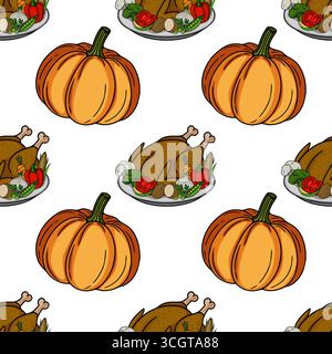 Motivo vettoriale senza cuciture con tacchino arrosto con verdure e zucche assortite, ideale per i disegni a tema del Ringraziamento, che presentano un disegno a mano Illustrazione Vettoriale