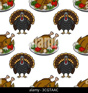 Motivo vettoriale senza cuciture con tacchino arrosto e verdure del Ringraziamento, un allegro design autunnale perfetto per feste e cene culinarie Illustrazione Vettoriale
