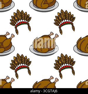 Motivo vettoriale senza cuciture con tacchino arrosto su un piatto e copricapo dei nativi americani, per creare un design festivo del Ringraziamento con una miscela unica Illustrazione Vettoriale