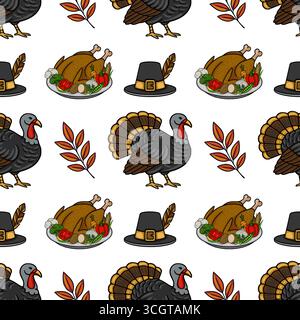 Motivo del Ringraziamento vettoriale senza cuciture con tacchino arrosto, cappello da pellegrino, foglie autunnali e un piatto di verdure natalizie, perfetto per il design delle vacanze Illustrazione Vettoriale