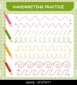 Pratica di scrittura a mano, tracciare la forma della linea. Formazione sulla scrittura a mano. Gioco educativo per bambini. Collega il contorno con una matita colorata. Vettoriale foglio di apprendimento per bambini Illustrazione Vettoriale