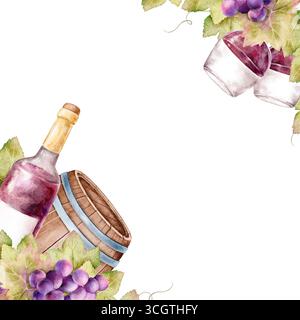 Modello angolo vino acquerello con bottiglia, botte, uva e foglie, isolato su sfondo bianco. Perfetta illustrazione dipinta a mano per il ristorante Foto Stock